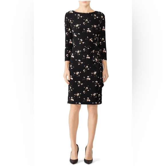RALPH LAUREN LRL Sz 10 Amadora Jersey Knit Floral Black Long Sleeve Ruffle Dress - Picture 1 of 10